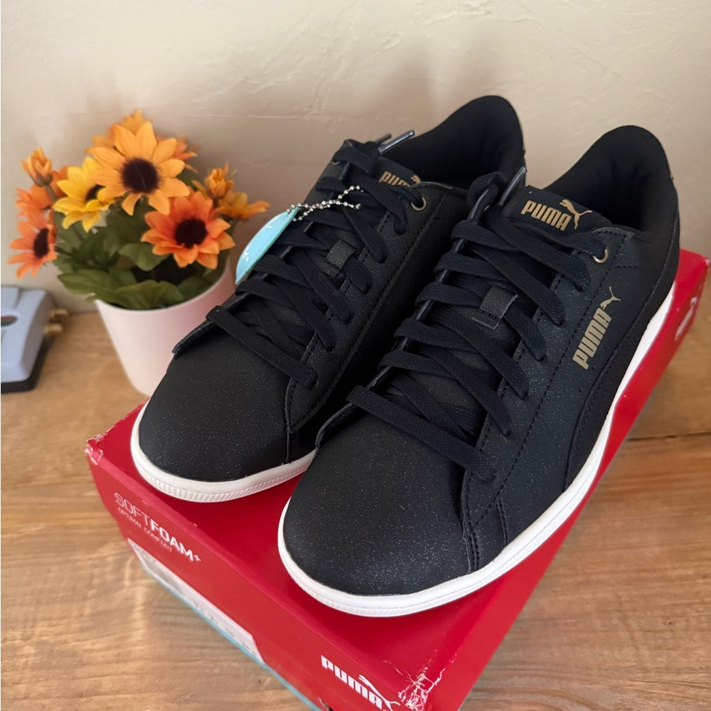 Puma Vikky LX Black and White Gold Sneakers